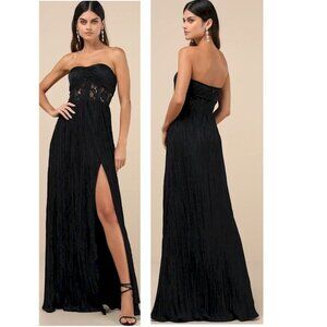 Lulus Desme Black Satin Plisse Strapless Maxi Dress Small New NWT